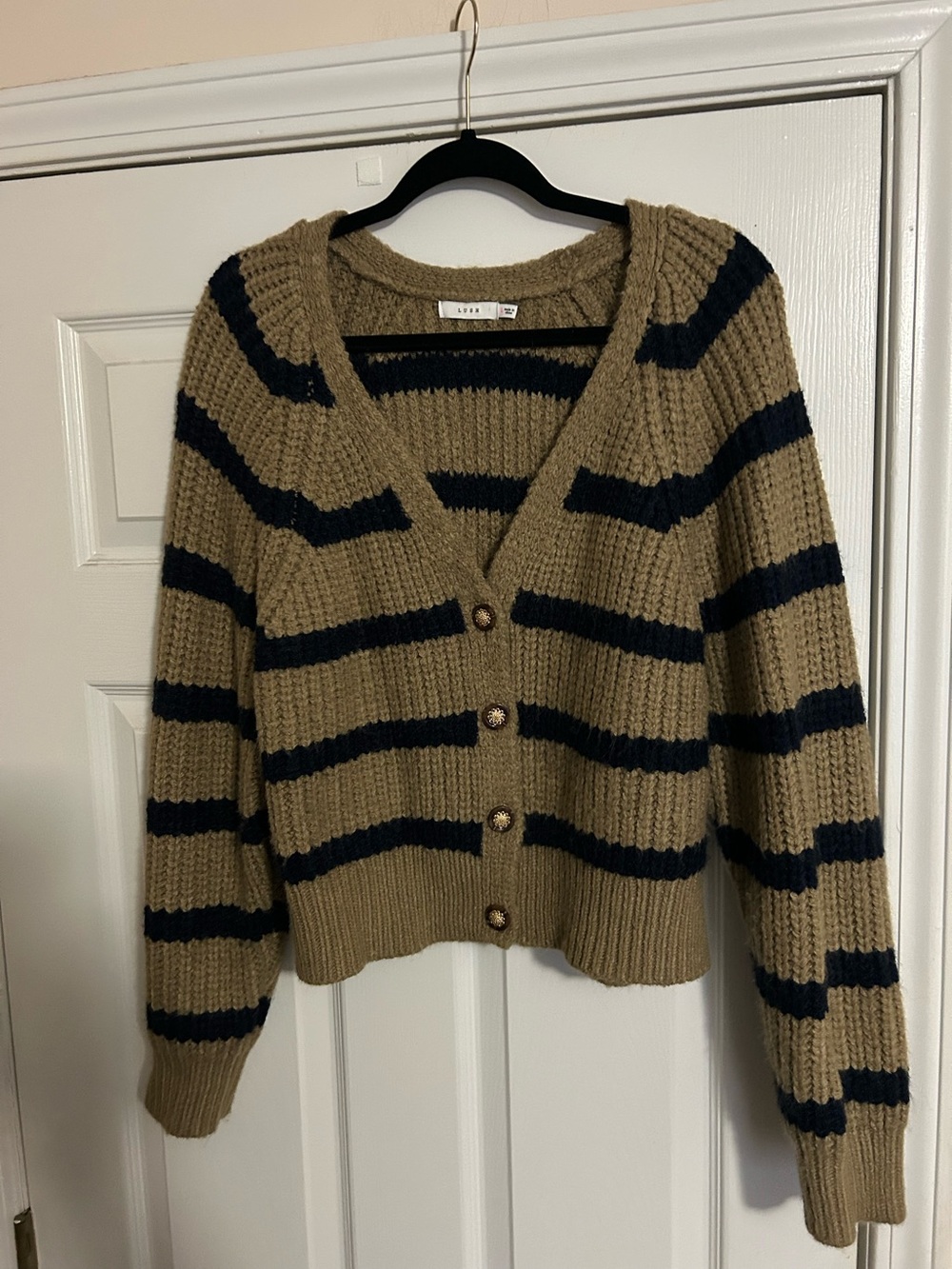 Lush Striped V-Neck Cardigan in Tan and Black